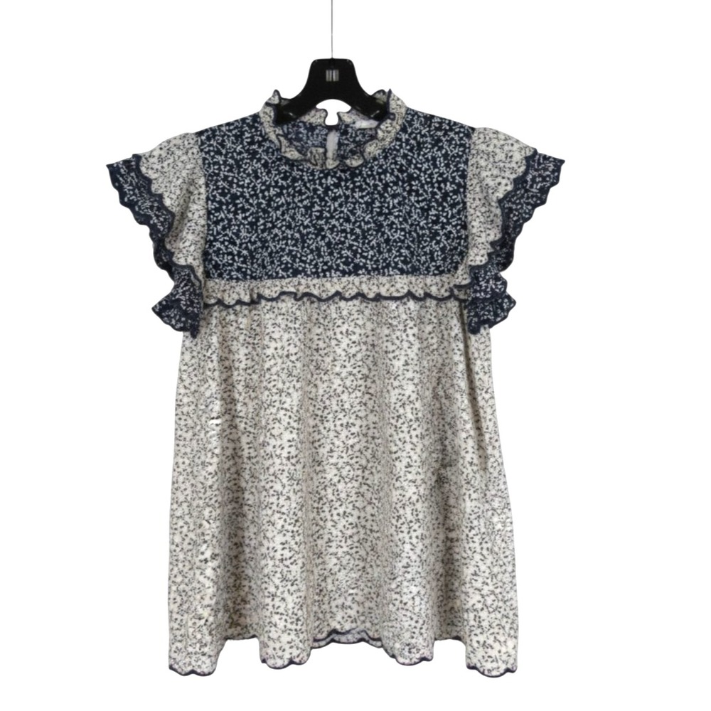 THML NAVY/White FLORAL PRINT Crepe FLUTTER SLEEVES Scalloped Trim BLOUSE/TOP S